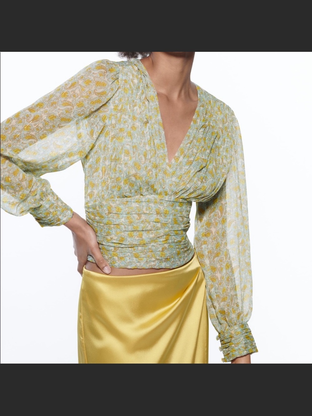 Zara Light Green Floral Wrap Blouse with Puff Sleeves